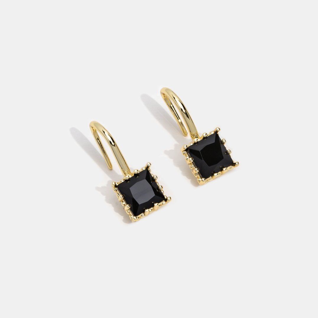 Piper Black Crystal Drop Earrings, pair of gold hook earrings with square black stones on