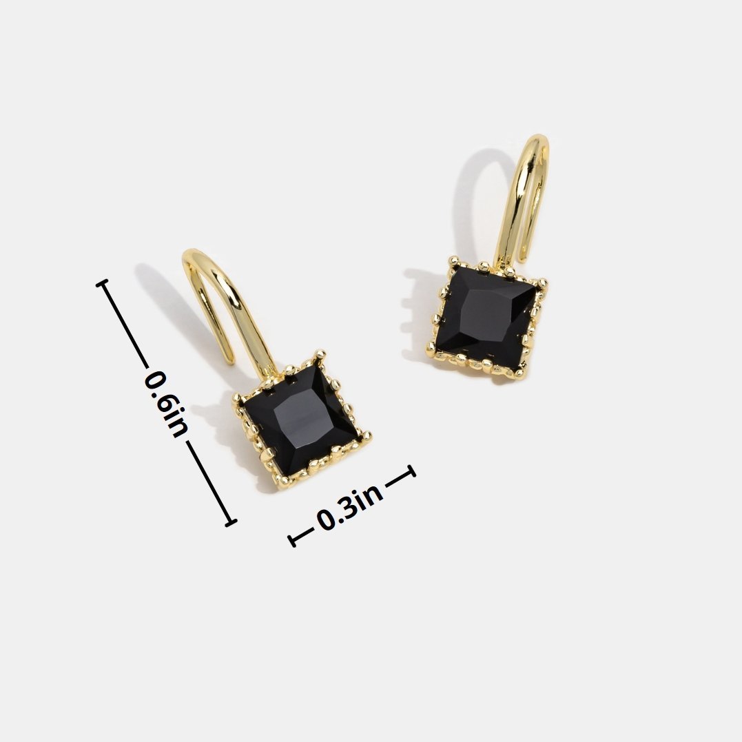 Piper Black Crystal Drop Earrings, pair of gold hook earrings with black square stones, dimension lines shown