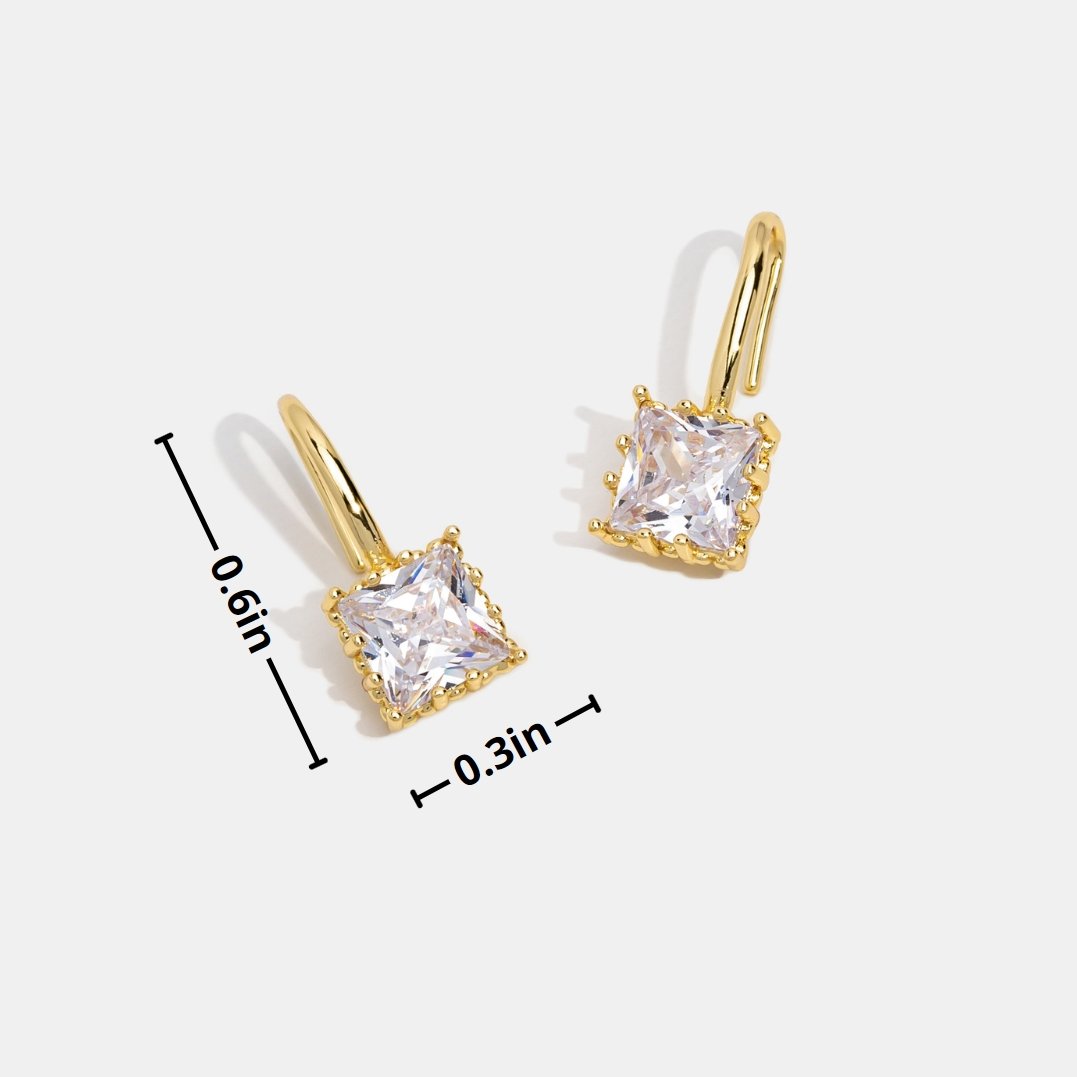 Piper Crystal Drop Earrings, pair of gold earrings with square clear stones, dimension markings