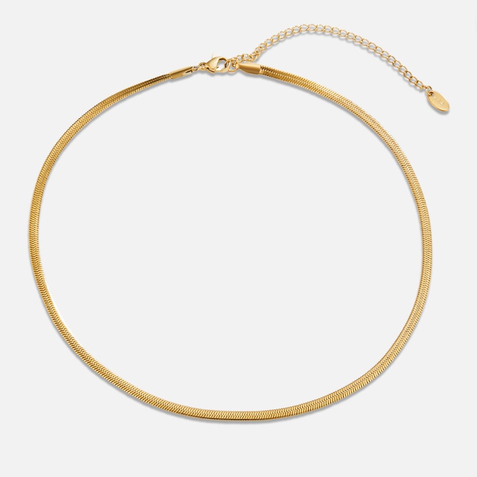 Sarya Snake Chain Gold Necklace, flat lay of a gold herringbone chain with extender and clasp