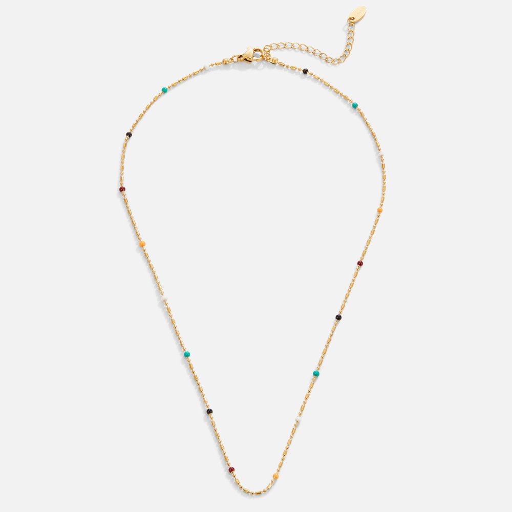 Sasha Multi-Colored Necklace, flat lay of a gold chain necklace with small coloured beads