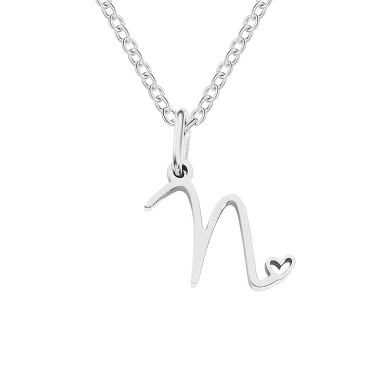 Silver Letter Heart Necklace, silver script letter pendant with small heart cutout on chain