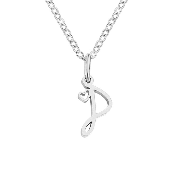 Silver Letter Heart Necklace, silver script letter pendant with small heart on chain