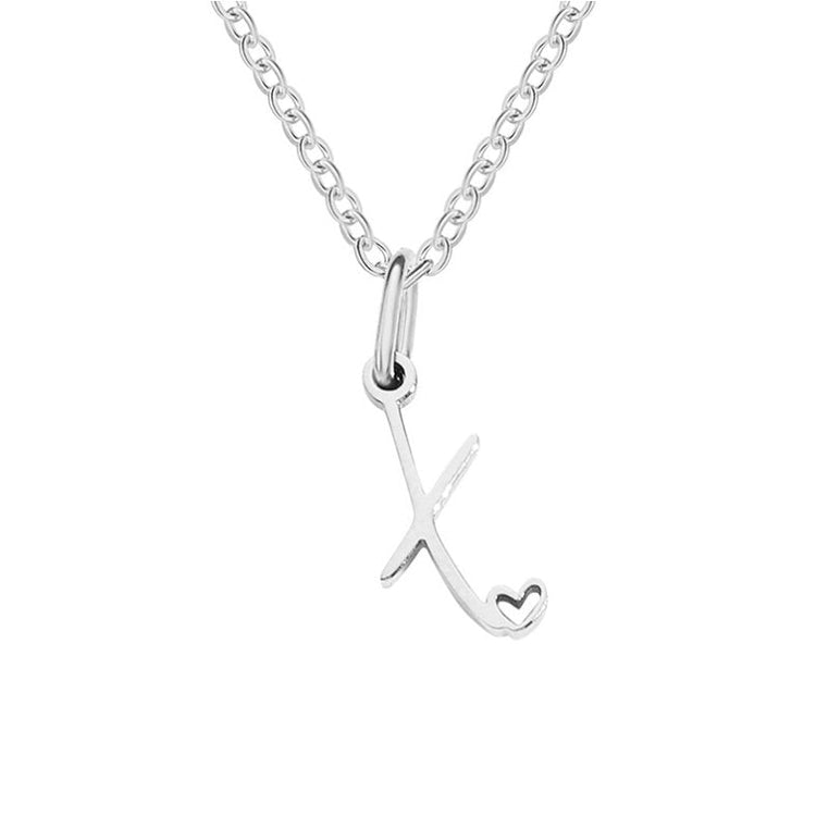 Silver Letter Heart Necklace, silver chain with a script letter X pendant and small heart