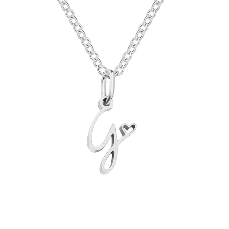 Silver Letter Heart Necklace, silver script letter pendant on a fine chain, white background