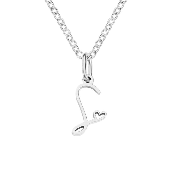 Silver Letter Heart Necklace, silver script letter pendant with a small heart cutout on a fine chain