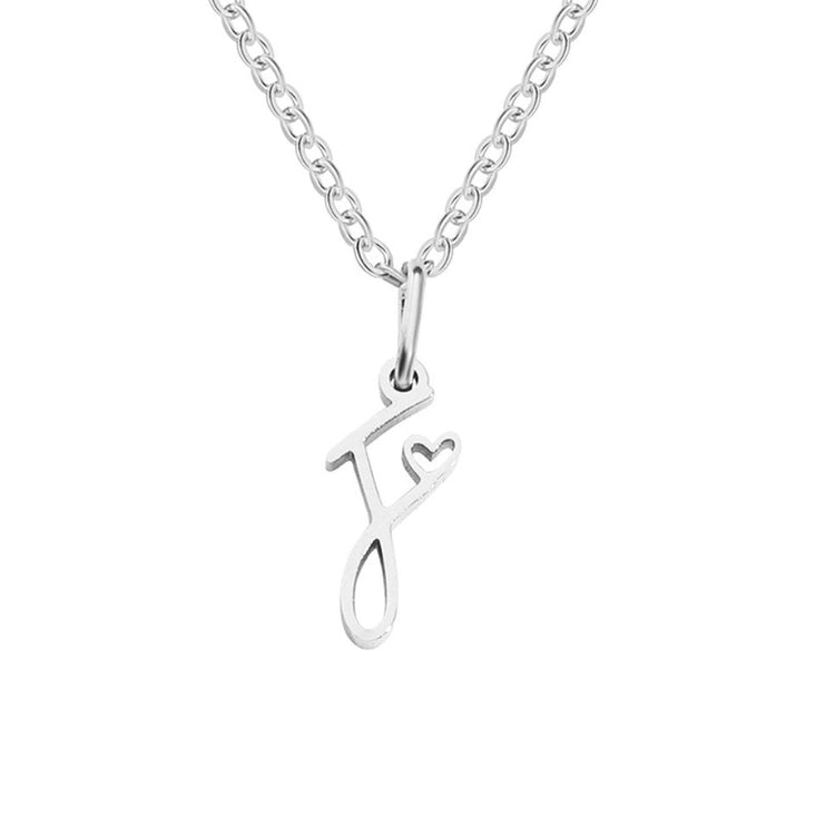 Silver Letter Heart Necklace, silver chain necklace with a script letter F pendant, small