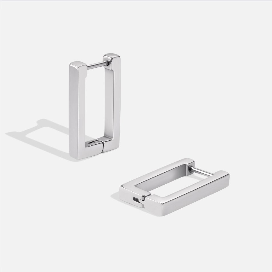Silver Rectangle Hoop Earrings, pair of polished silver rectangular hoops, standing upright on