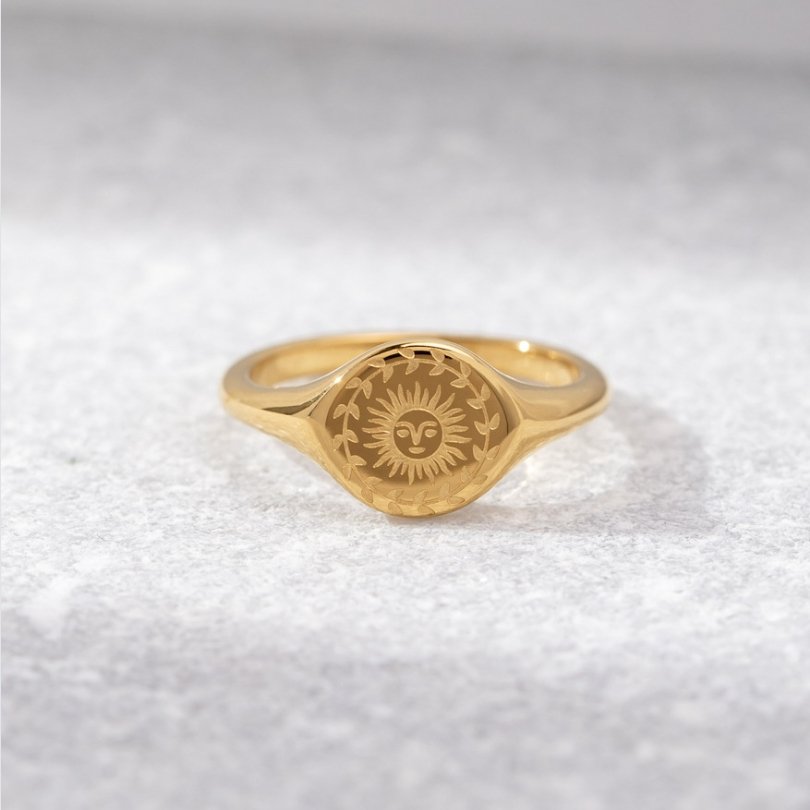 Summer Solstice Gold Ring, gold signet ring on pale stone, engraved sun with face