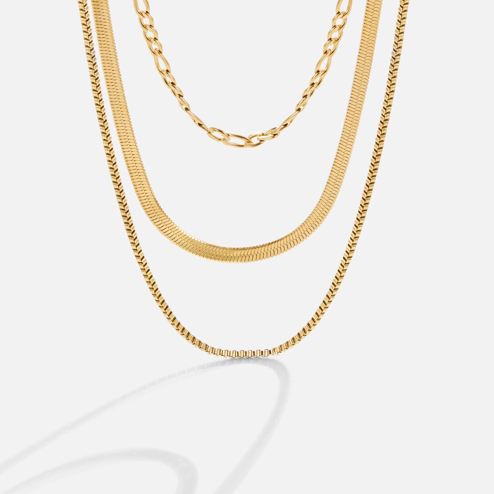 Vienna Layered Chain Necklace, three gold chains layered together against a pale background