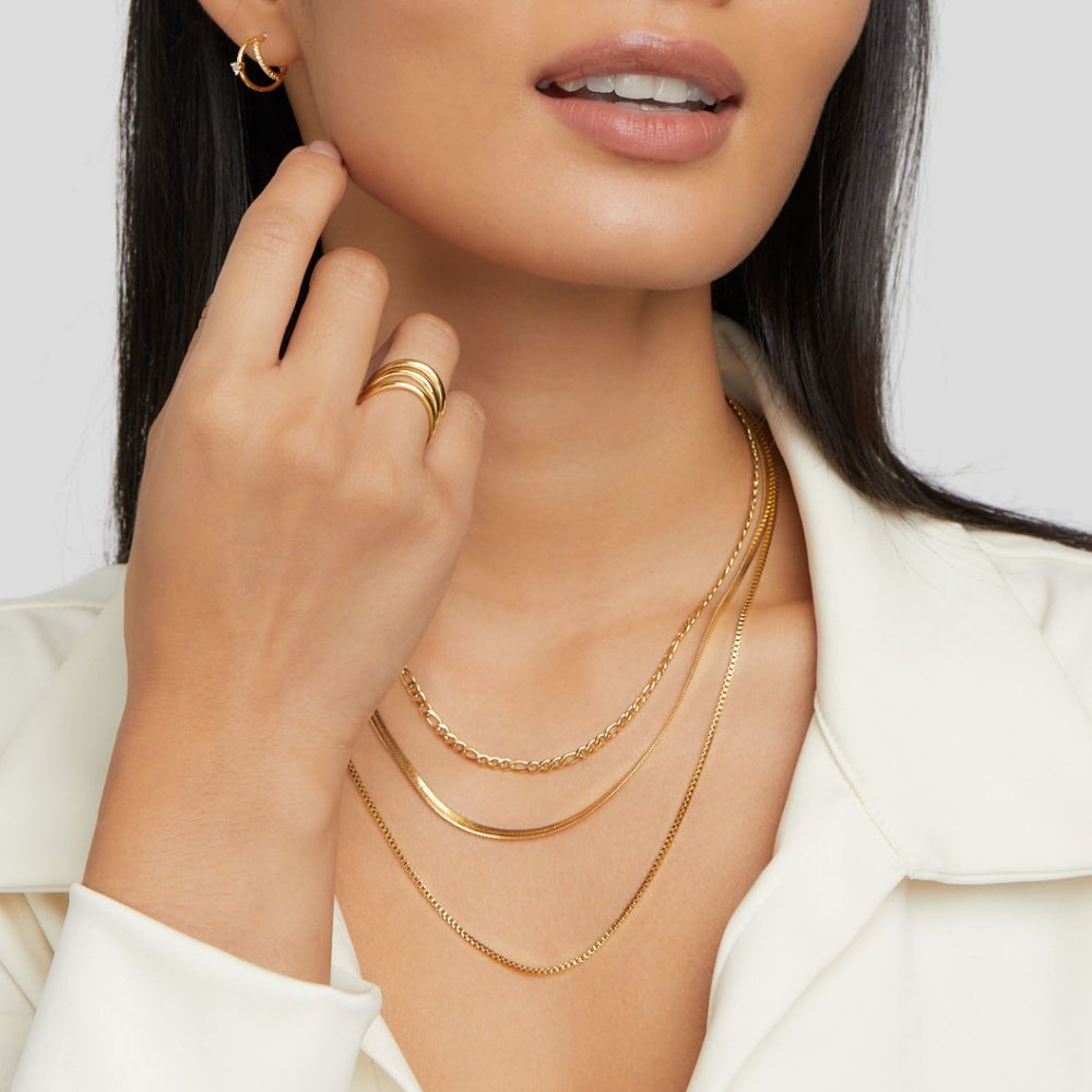 Vienna Layered Chain Necklace, worn layered at the neck with a gold ring and earring visible