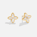 Free White Blossom Petal Earrings, pair of four-petal stud earrings on a plain white background