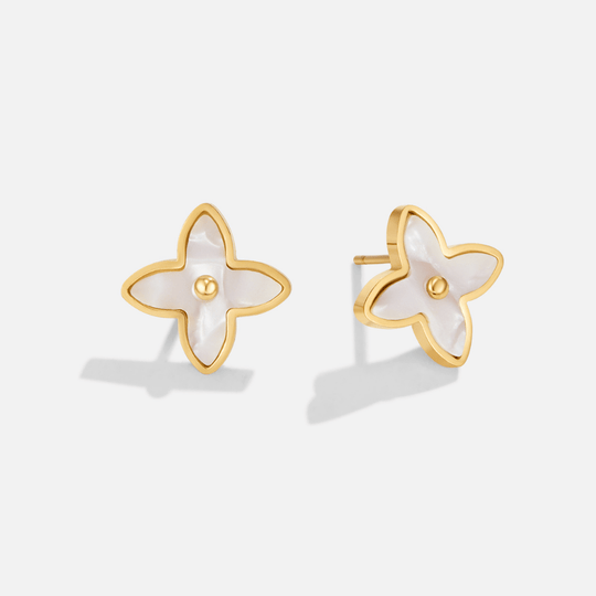 Free White Blossom Petal Earrings, pair of four-petal stud earrings on a plain white background